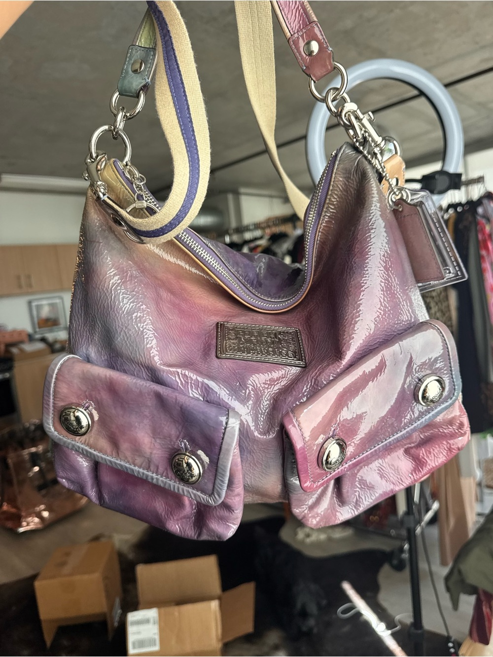 Rare 2008 Coach Ombre Iridescent Purple Patent Hobo Shoulder Bag EUC